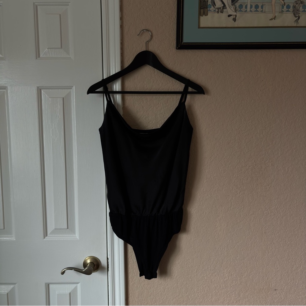 Anthropologie Inspired Black Cowl Neck Satin Silky Bodysuit
